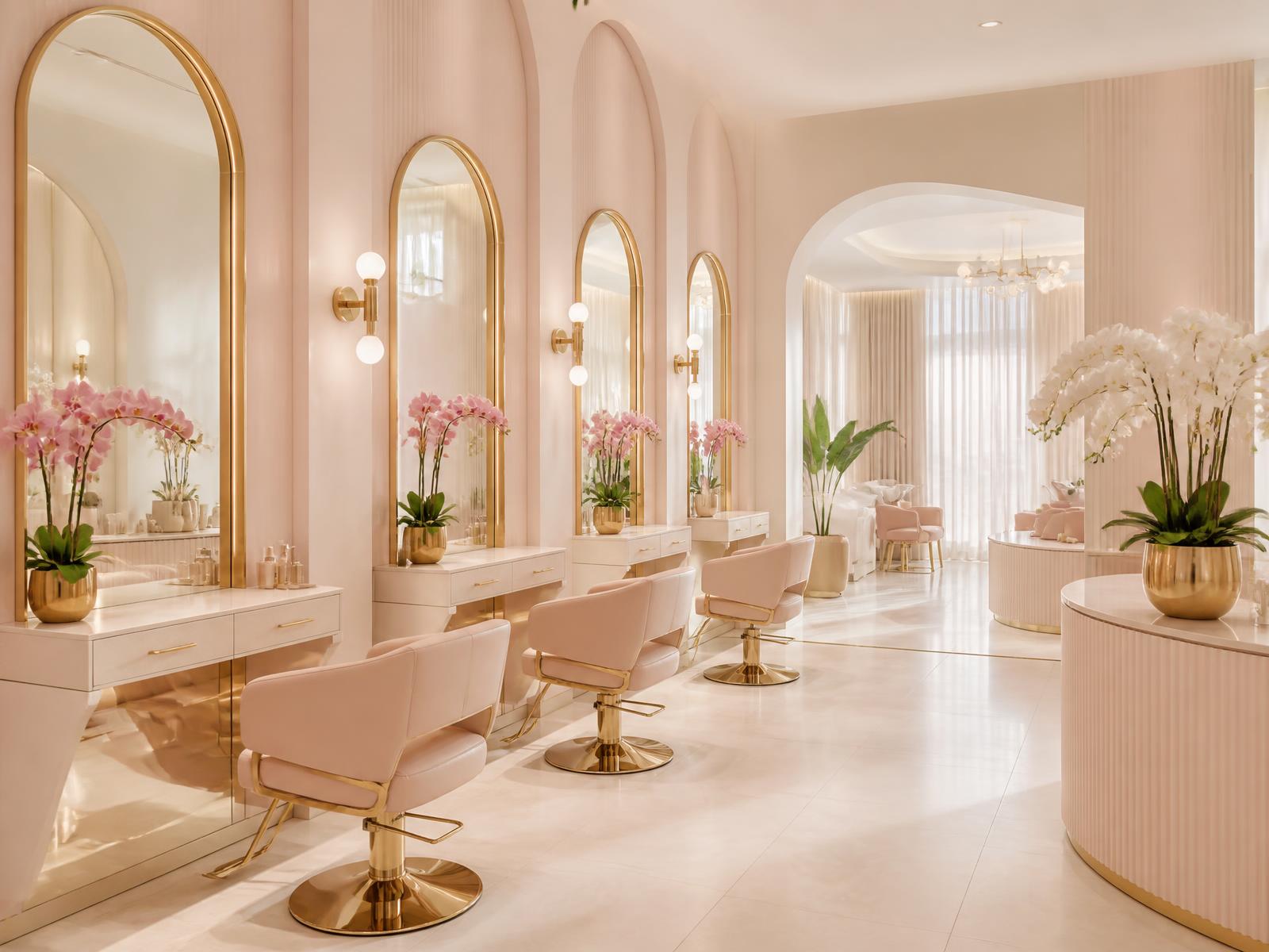 Interior of Sara's Beauty Salon with blush pink walls and gold-framed mirrors